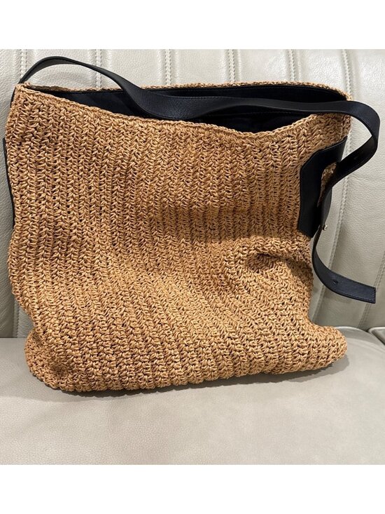 BTB LOS ANGELES Florent Raffia Hobo Bag in Tan Black Raffia Tote Handbag Purse - Picture 2 of 8